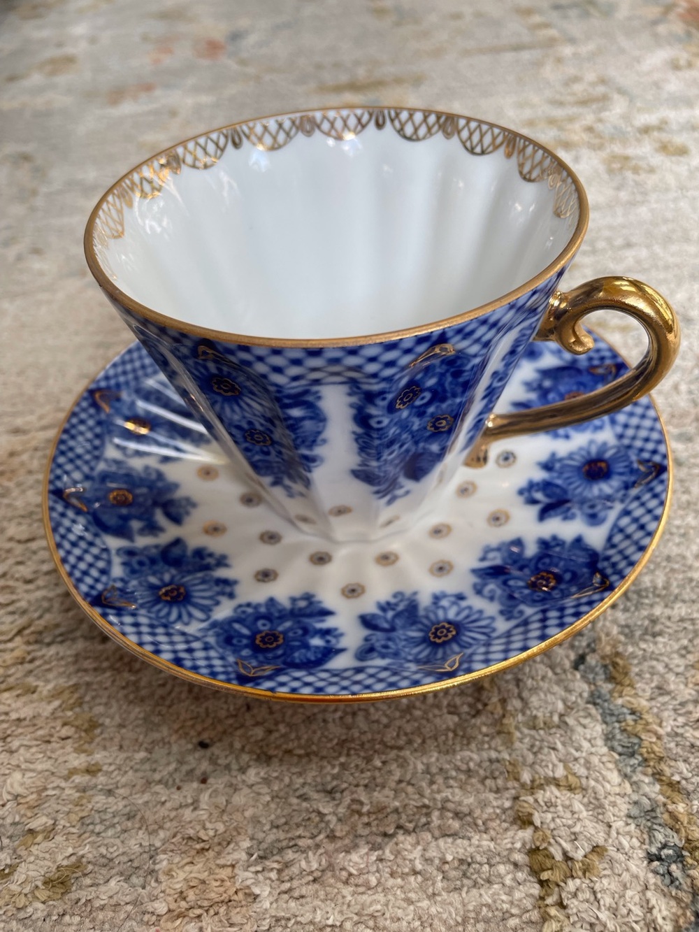 Lomonosov Imperial Bride’s Maid Cup and Saucer.  Russia.  Navy blue and gold
